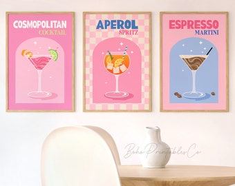 Retro Cocktail Print Set of 3, Cute Drinks Printable Wall Art DIGITAL DOWNLOAD Pink Bar Cart Poster, Trendy Wall Decor, Bar Gallery Wall Set