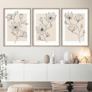 Neutral Floral Line Art Print Set of 3, DIGITAL DOWNLOAD, Minimal Botanical Prints, Magnolia Flower Prints, Living Room Wall Decor