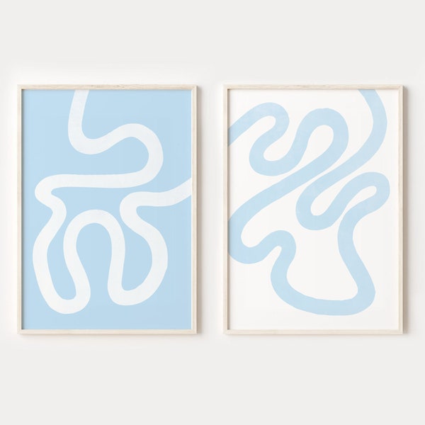 Hellblaue und weiße abstrakte Drucke 2er Set, Abstrakte Linie Kunst, DIGITALER DOWNLOAD, druckbare Wandkunst, minimalistisches Poster, moderne Kunstdrucke