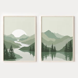 Sage Green Landscape Prints Set of 2, DIGITAL DOWNLOAD, Abstract Mountains Printable Wall Art, Mid Century Modern Art, Boho Wall Decor