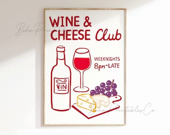 Wine and Cheese Club Print, DIGITAL DOWNLOAD Retro Food Poster, Printable Wall Art Bar Cart Decor, Trendy Kitchen Wall Art, Hand Drawn Print