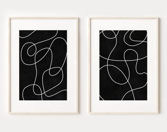 Black and White Minimalist Print Set of 2, Abstract Line Art, DIGITAL DOWNLOAD, Scribble Line Drawing Poster Set, Printable Wall Art