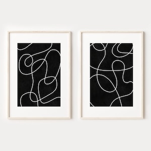 Svartvitt minimalistiskt tryck set om 2, abstrakt linjekonst, digital nedladdning, klotterlinjeteckningsaffischset, utskrivbar väggkonst bild 1