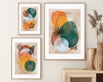 Abstract Wall Art, Abstract Printable Wall Art, Set of 3, Geometric Abstract Leaf Digital Prints, Watercolor Art, Earth Tone Poster Download