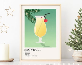 Christmas Bar Cart Print, DIGITAL DOWNLOAD, Snowball Christmas Cocktail Print, Holiday Printable Wall Art, Festive Decor, Cocktail Poster