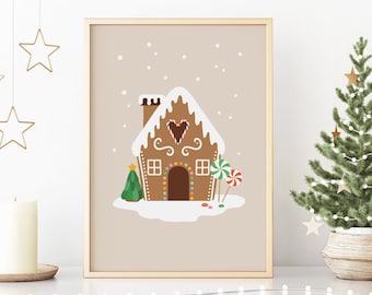 Gingerbread House Print, Christmas Printable Wall Art, Modern Holiday Decor, DIGITAL DOWNLOAD, Holiday Poster