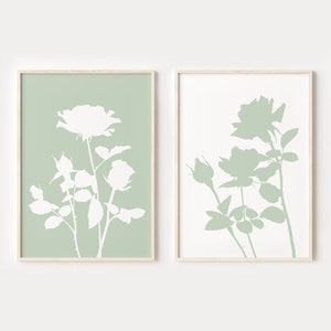 Sage Green Botanical Print Set of 2, Abstract Floral PRINTABLE Wall Art, DIGITAL DOWNLOAD, Minimal Roses Print, Sage Green Wall Decor