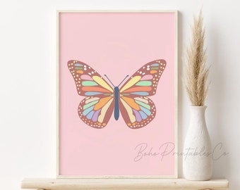 Pink Butterfly Print, Boho Butterfly Printable Wall Art, DIGITAL DOWNLOAD, Girls Room Decor, Nursery Wall Decor, Boho Home Decor