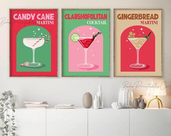 Christmas Bar Cart Decor, Trendy Christmas Cocktail Print Set of 3, Holiday Drinks Printable Wall Art, DIGITAL DOWNLOAD, Bar Cart Sign