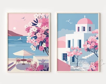 Griechische Insel Print 2er-Set, Rosa Blau Paros Griechenland Prints, druckbare Wandkunst DIGITAL DOWNLOAD Trendige Küstenwandkunst, mediteranes Dekor