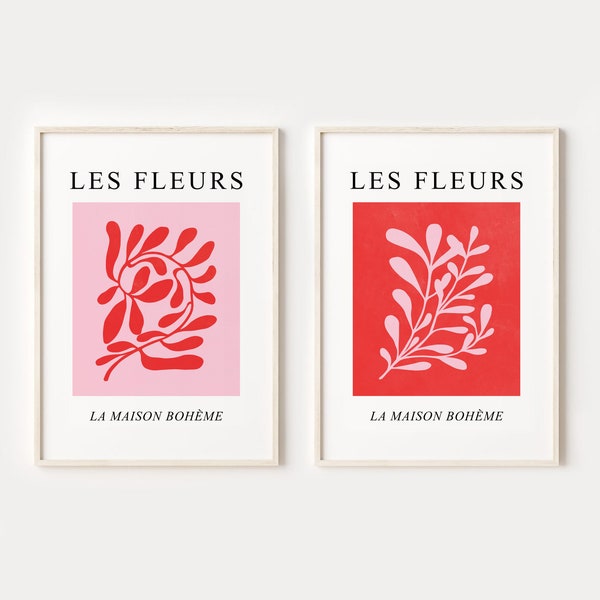 Juego de 2 impresiones botánicas estilo Matisse en rojo y rosa, arte de pared imprimible con hojas abstractas, póster de galería moderna Les Fleurs, DESCARGA DIGITAL
