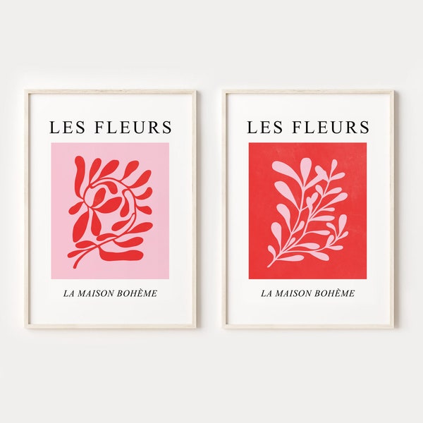 Red and Pink Matisse Style Botanical Print Set of 2, Abstract Leaf Printable Wall Art, Les Fleurs Modern Gallery Poster, DIGITAL DOWNLOAD