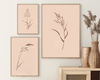 Set of 3 Botanical Line Art Prints, Neutral Wall Art, Abstract Botanical Art, Beige Boho Decor, Minimalist Poster Printable Digital Download