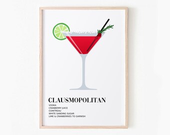 Holiday Cocktail Print, Christmas Clausmopolitan Printable Wall Art, DIGITAL DOWNLOAD, Modern Holiday Bar Cart Print, Festive Wall Decor