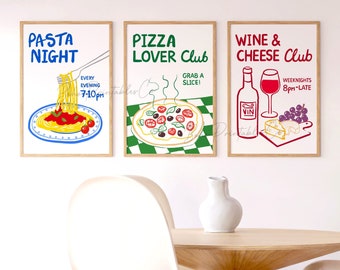 Keukenprint set van 3, pasta avond wijn en kaas club prints, trendy foodie afdrukbare muurkunst, retro keuken wanddecoratie DIGITALE DOWNLOAD