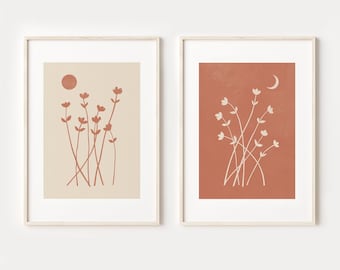 Neutral Botanical Print Set of 2, Beige and Terracotta PRINTABLE Wall Art, Abstract Floral Prints, DIGITAL DOWNLOAD, Boho Wall Decor