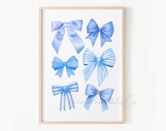 Blue Bows Print, Trendy Ribbons Printable Wall Art, Coquette Decor, DIGITAL DOWNLOAD, Pastel Blue Preppy Aesthetic Poster, Dorm Room Decor