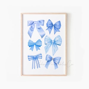 Blue Bows Print, Trendy Ribbons Printable Wall Art, Coquette Decor, DIGITAL DOWNLOAD, Pastel Blue Preppy Aesthetic Poster, Dorm Room Decor