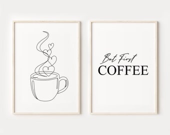 May include: Two framed prints with a black and white line drawing of a coffee cup with hearts for steam and the text "But First COFFEE" in black.