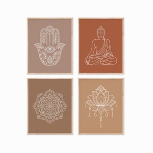 Zen Print Set of 4, Yoga Meditation Wall Art, DIGITAL DOWNLOAD, Buddha Lotus Mandala Line Art Prints, Printable Wall Art, Boho Wall Decor