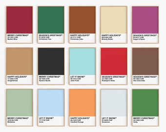 May include: A set of 15 color swatches with different shades of red, green, brown, beige, black, blue, orange, and white. Each swatch has a different holiday greeting and a corresponding color code. The greetings include "Merry Christmas", "Season's Greetings", "Happy Holidays", and "Let It Snow".