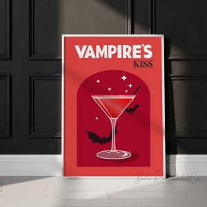 Vampire's Kiss-cocktailprint, Halloween-cocktail afdrukbare muurkunst, teken Spooky Bar Cart, DIGITALE DOWLOAD, Halloween-keukendecor