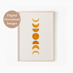 May include: A digital print of a moon phases illustration with a white background and gold moon phases.