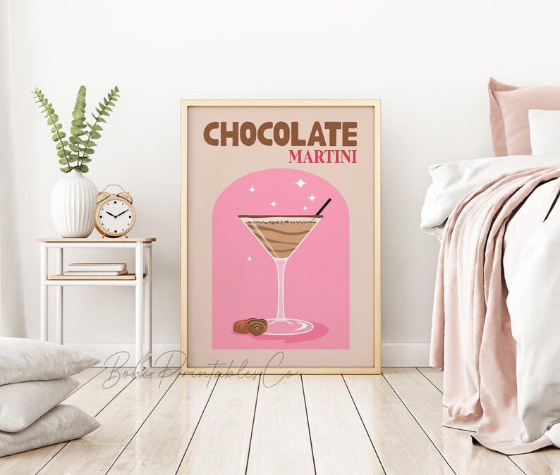 May include: A printable poster with a pink background and a gold frame. The poster features a martini glass filled with a chocolate drink and the text "CHOCOLATE MARTINI".