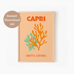 May include: A printable poster with a peach background featuring the word "CAPRI" in red text and a stylized orange and green coral design. The text "GROTTA AZZURRA" is printed in red at the bottom of the poster.