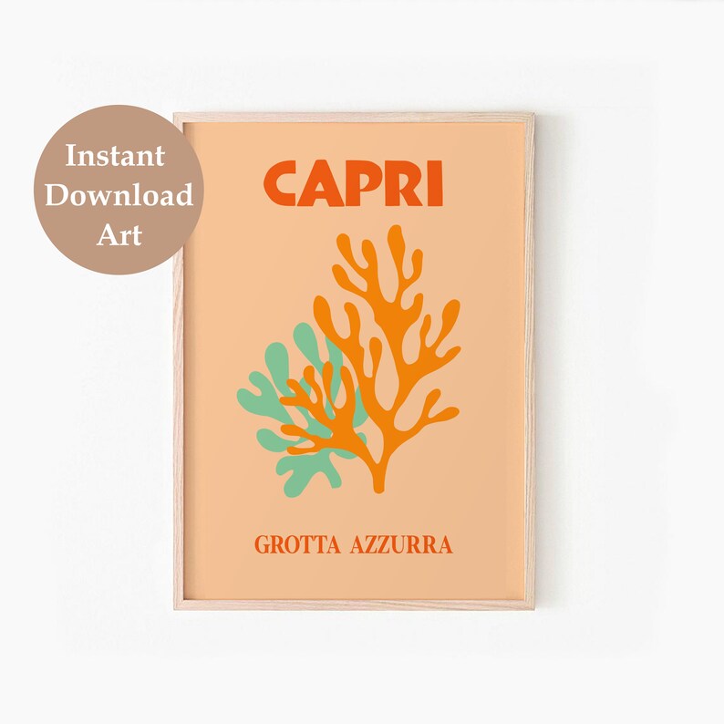 May include: A printable poster with a peach background featuring the word "CAPRI" in red text and a stylized orange and green coral design. The text "GROTTA AZZURRA" is printed in red at the bottom of the poster.