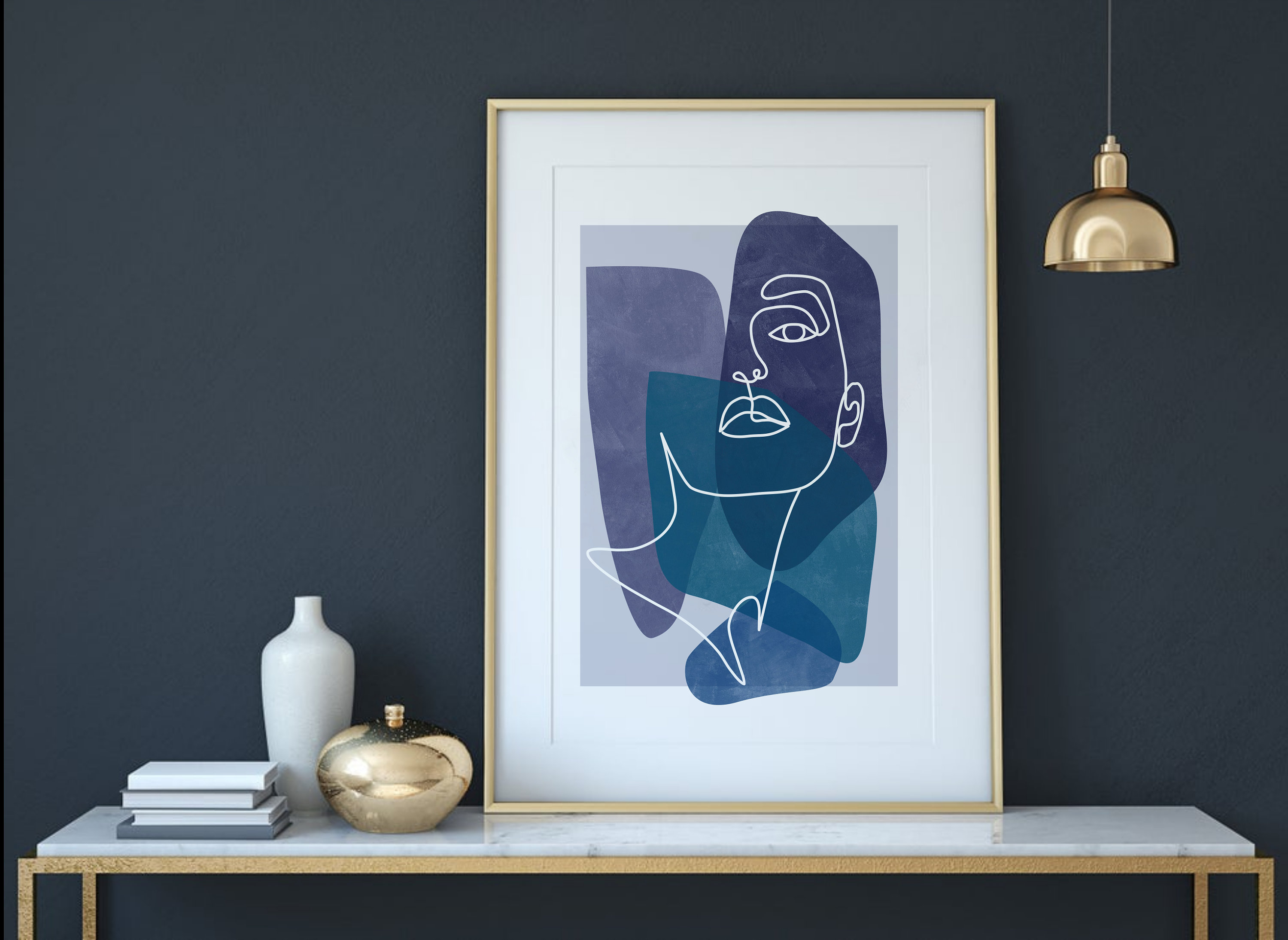 Blue Abstract Woman Print Set of 3, Geometric Abstract Wall Art Female ...