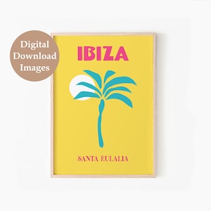 May include: A yellow poster with the word "IBIZA" in pink letters and a blue palm tree with a white sun behind it. The text "SANTA EULALIA" is at the bottom of the poster.