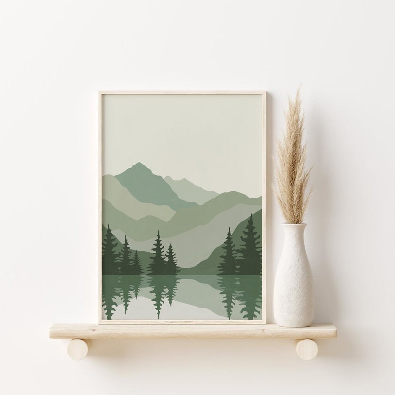 Sage Green Abstract Mountains Print, DIGITAL DOWNLOAD, Boho Landscape Printable Wall Art, Mid Century Modern Poster image 1