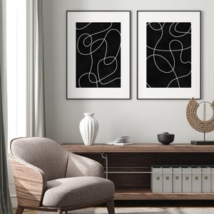 Svartvitt minimalistiskt tryck set om 2, abstrakt linjekonst, digital nedladdning, klotterlinjeteckningsaffischset, utskrivbar väggkonst bild 7