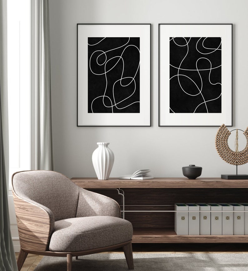 Svartvitt minimalistiskt tryck set om 2, abstrakt linjekonst, digital nedladdning, klotterlinjeteckningsaffischset, utskrivbar väggkonst bild 7