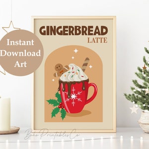 May include: A digital illustration of a red mug filled with a gingerbread latte. The latte has whipped cream, chocolate drizzle, sprinkles, and a gingerbread man on top. The mug has a snowflake design and is surrounded by holly.