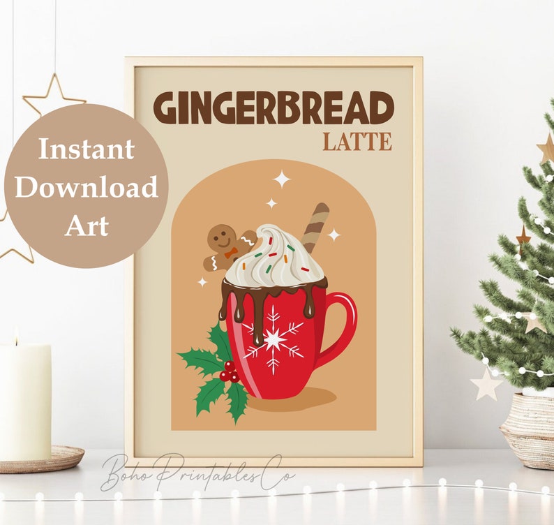 May include: A digital illustration of a red mug filled with a gingerbread latte. The latte has whipped cream, chocolate drizzle, sprinkles, and a gingerbread man on top. The mug has a snowflake design and is surrounded by holly.