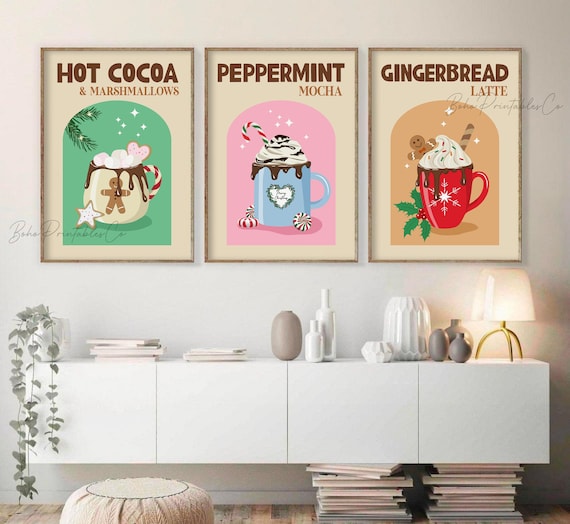Hot Chocolate Bar Sign Printable, Set of 3 Prints, DIGITAL DOWNLOAD, Retro Christmas Wall Art, Hot Cocoa Sign Poster, Holiday Wall Decor