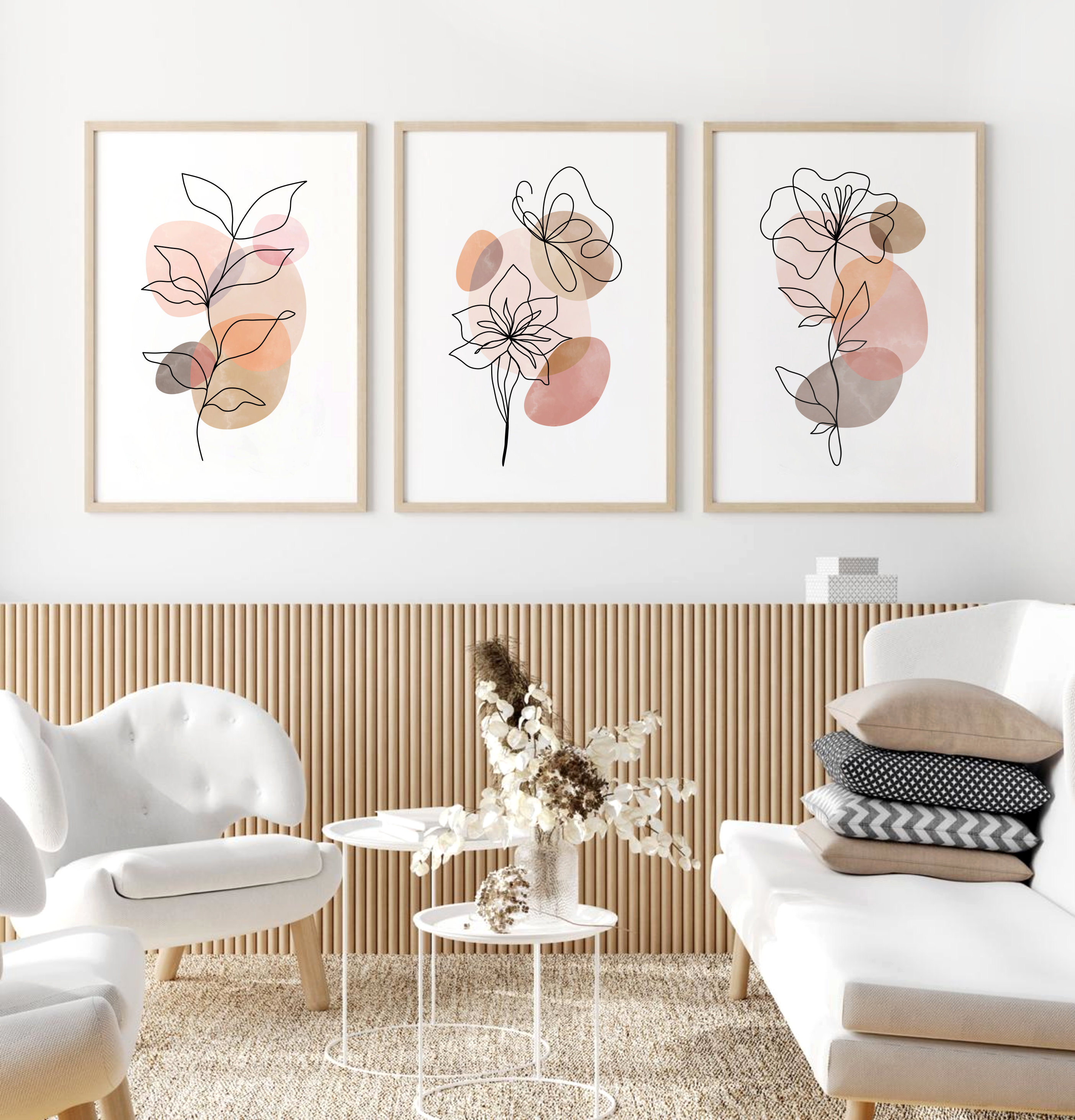 Blumen Abstrakte Zeichnung, Botanisches PRINTABLE Line Art Line Poster download 3er Floral Beige Minimal Prints, Set Wandkunst, Blush Neutral