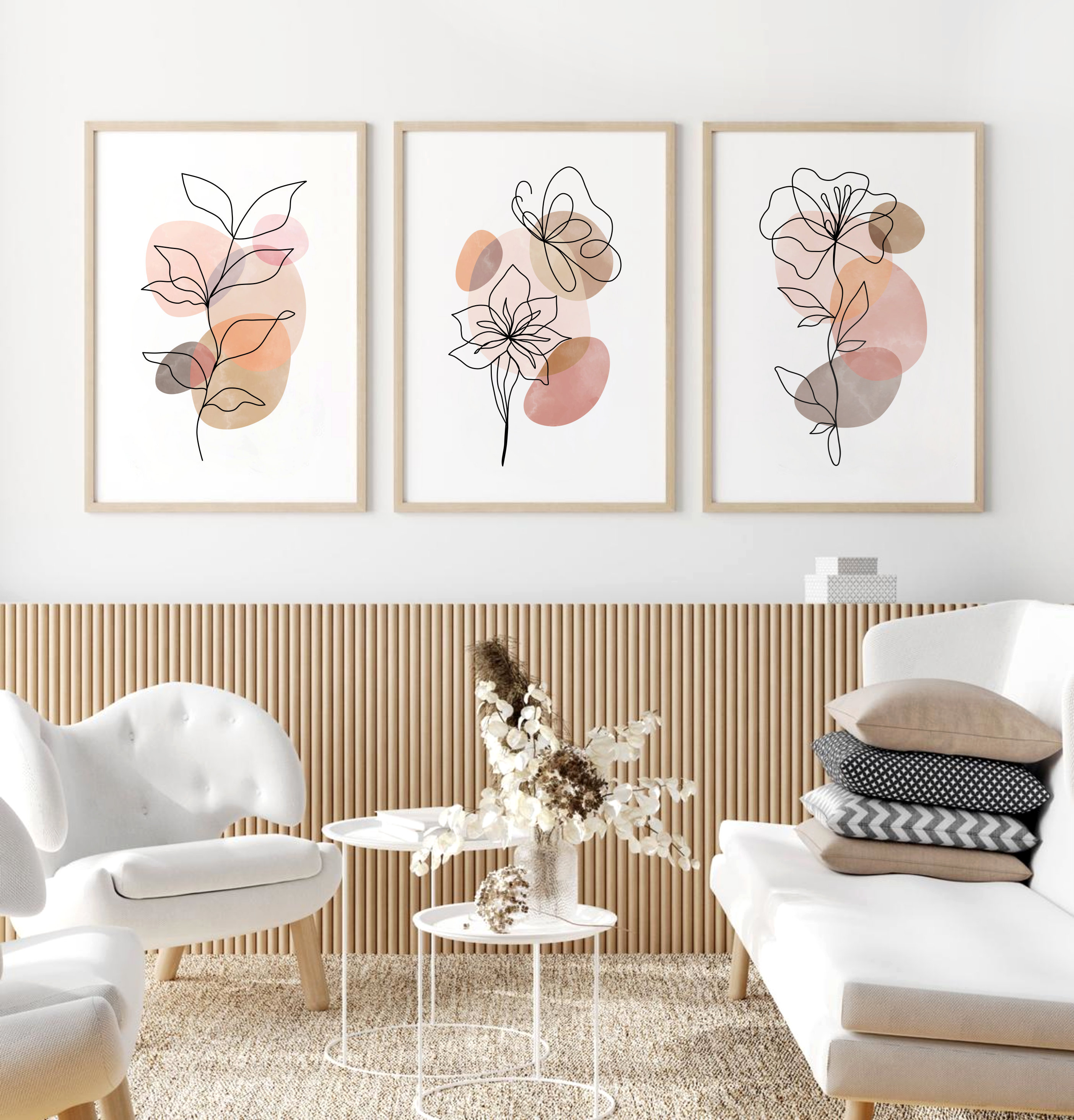 Poster Blumen Line Neutral Blush Beige Set Botanisches PRINTABLE Prints, Zeichnung, 3er Abstrakte Minimal Wandkunst, Floral Line download Art