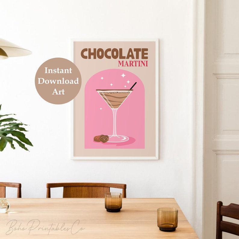 May include: Printable art print featuring a chocolate martini cocktail in a martini glass with a pink background and the text "Chocolate Martini".