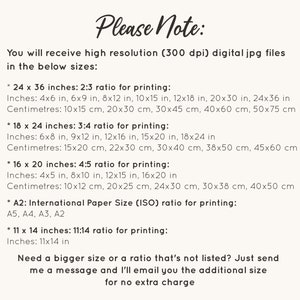 May include: A text document listing different sizes and ratios for digital images. The text includes the dimensions in inches and centimetres. The document also mentions that the images are high resolution (300 dpi) and are available in JPG format.