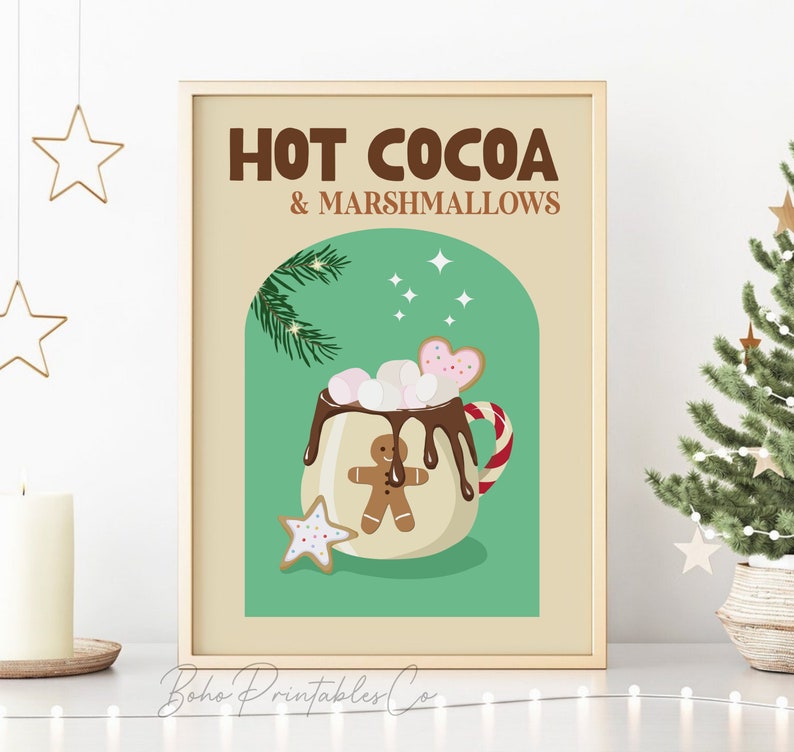 May include: A printable poster with a green background featuring a mug of hot chocolate with marshmallows and a gingerbread man. The text "HOT COCOA & MARSHMALLOWS" is at the top of the poster.