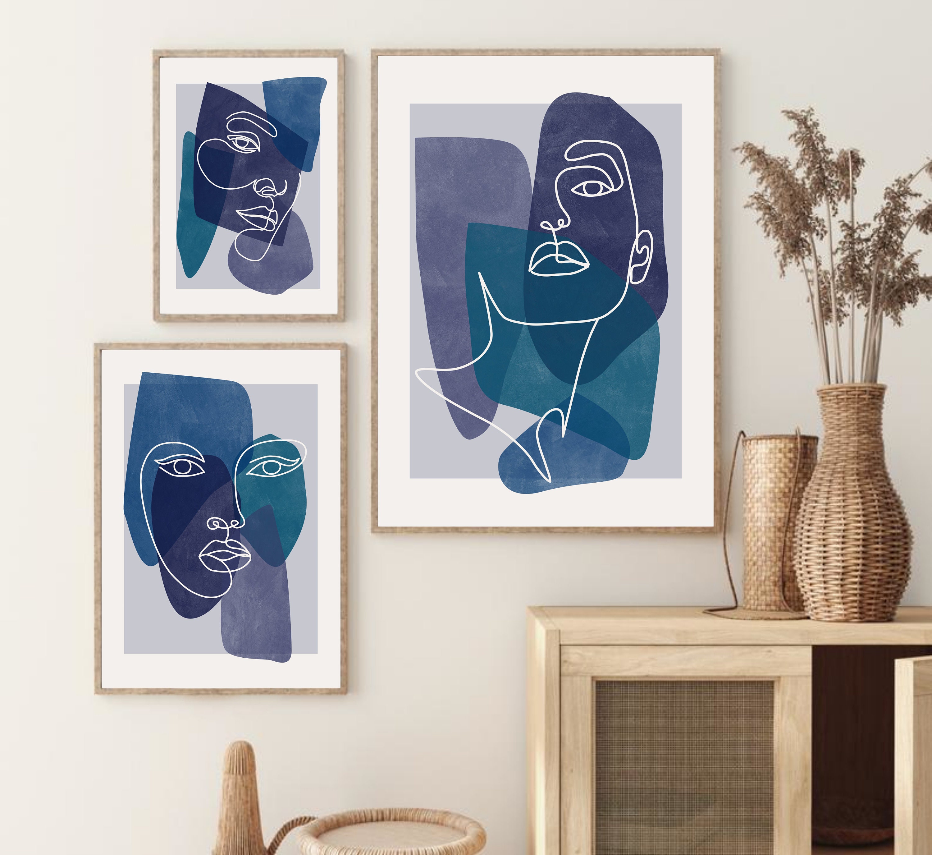 Blue Abstract Woman Print Set of 3 Geometric Abstract Wall | Etsy