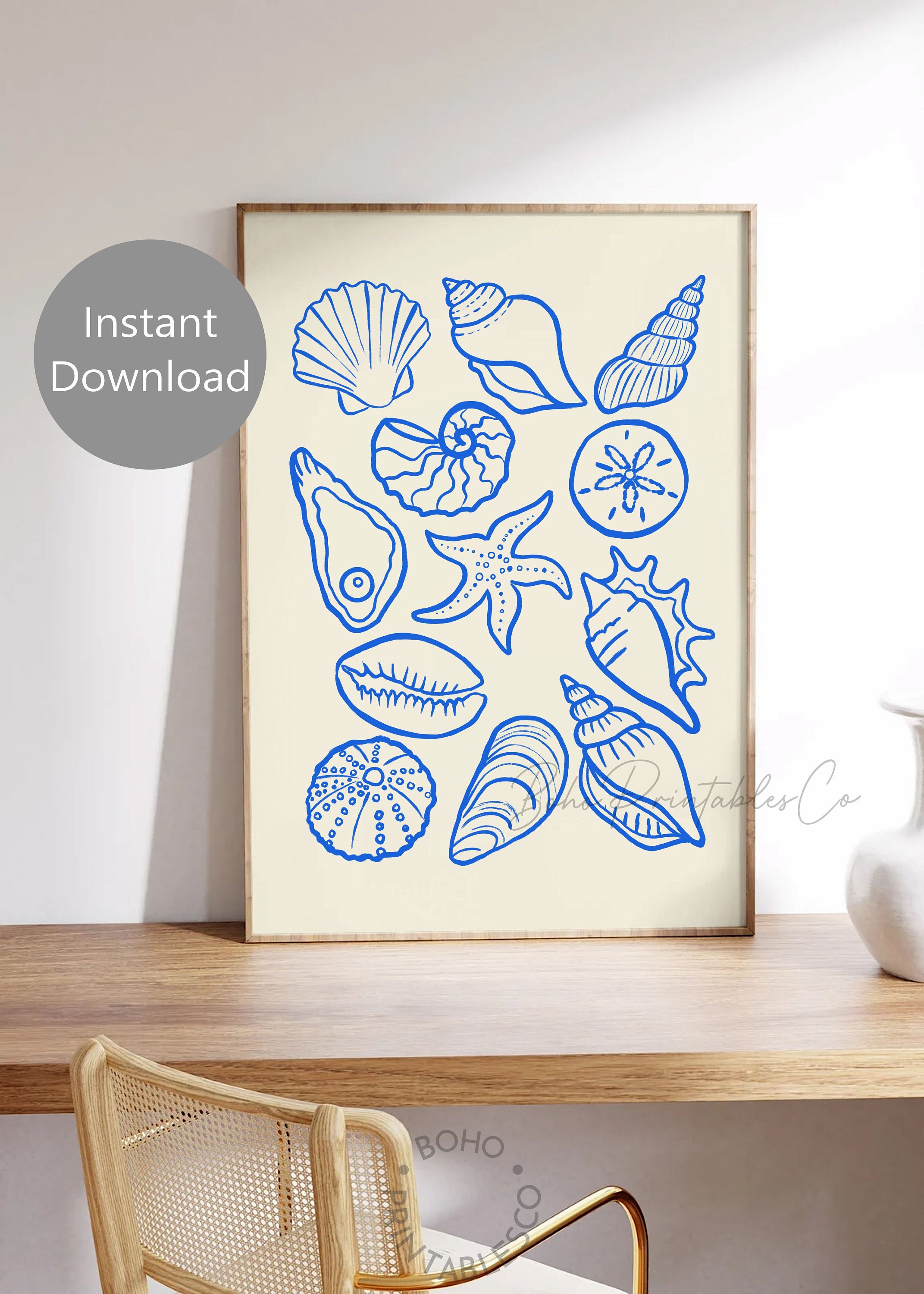 Shell Prints Small Shells Blue Seashells Print, Hand Drawn Sea Shells Print, Trendy Coastal ...