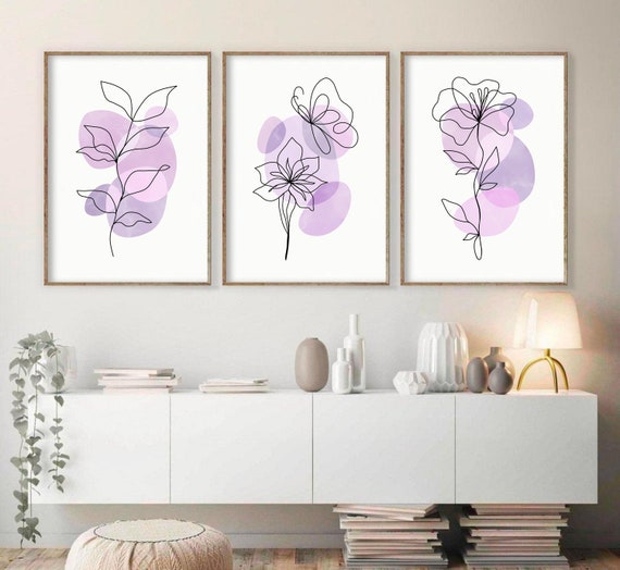 Lilac Floral Print Set of 3, Pastel Danish Decor, DIGITAL DOWNLOAD, Abstract Flowers Printable Wall Art, Line Drawing, Pastel Wall Art