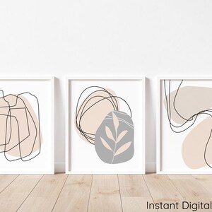 Abstract Line Art Set of 3 Prints, Neutral Printable Wall Art, Beige ...