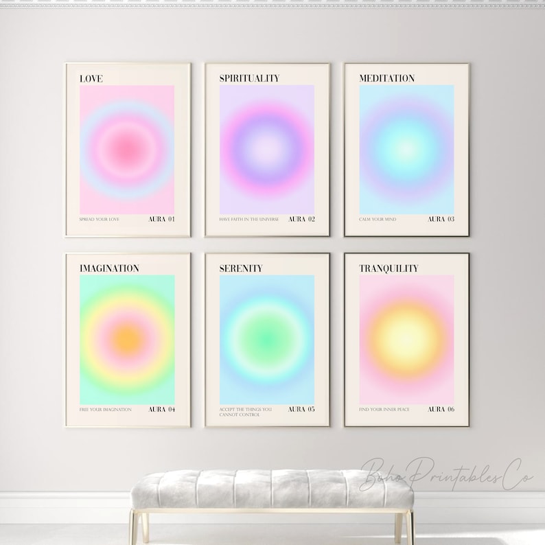Gradient Aura Print Set of 6, Spiritual Affirmation Printable Wall Art, DIGITAL DOWNLOAD, Positive Energy Wall Art, Aura Gallery Wall Set image 2