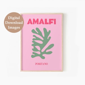May include: A pink and green printable art print with the text "AMALFI" in bold pink letters and "POSITANO" in pink letters. The print features a stylized green leaf design.