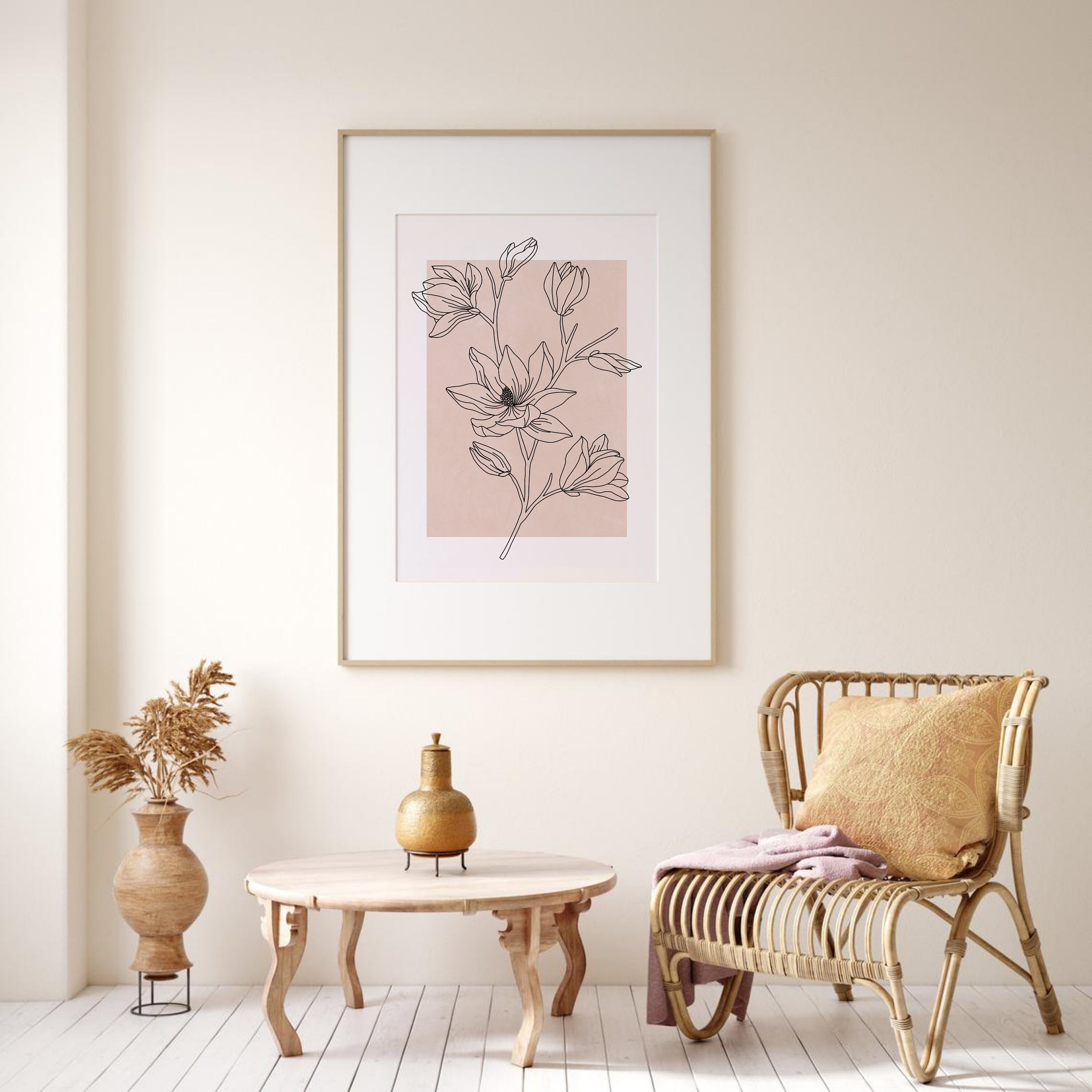 Botanical Line Art Print, Printable Wall Art, Neutral Tone Floral Line ...